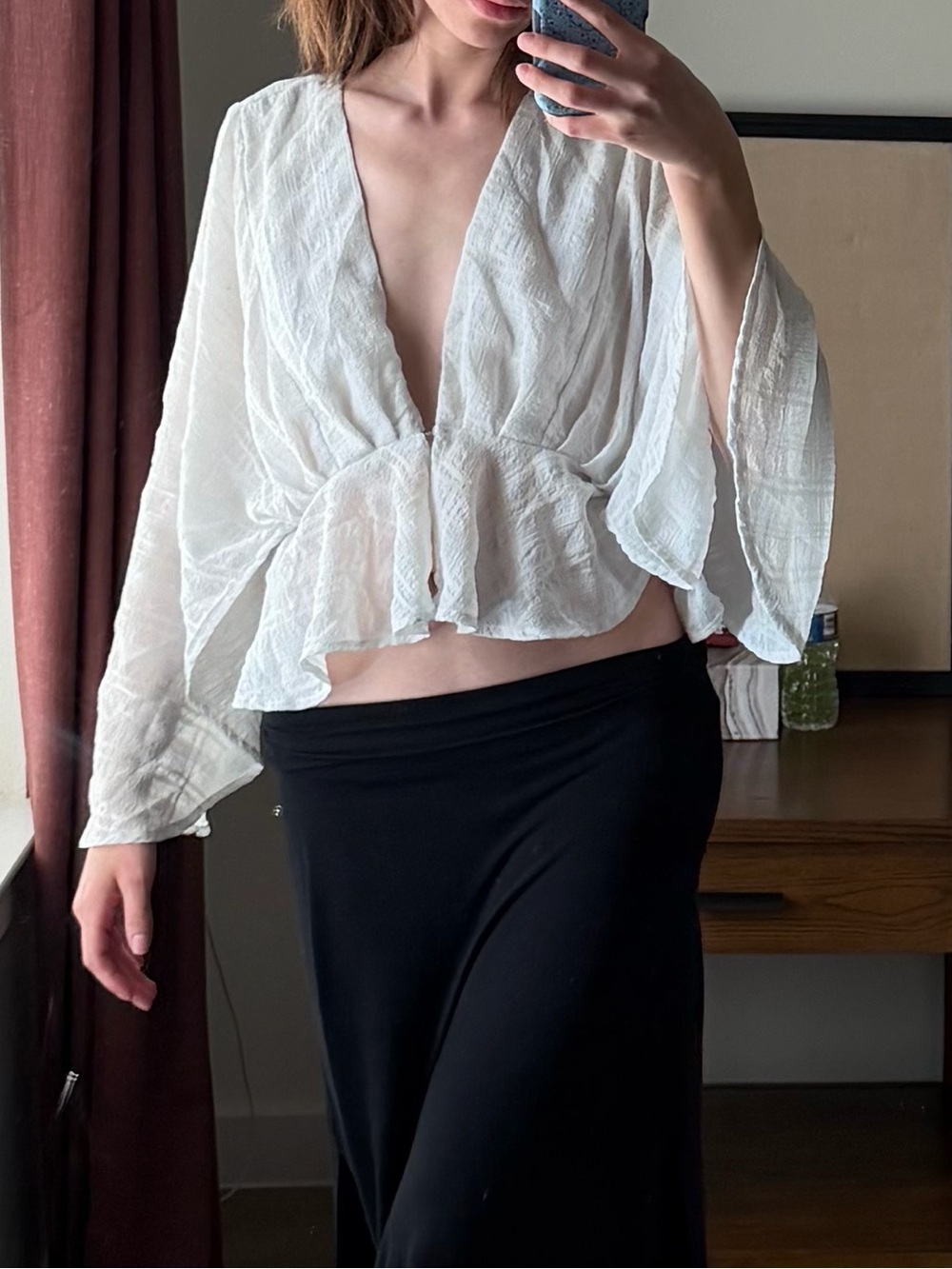 White Ruffled V-Neck Peasant Top
